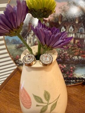 Crystal Halo Round Stud Earrings - Silver Tone